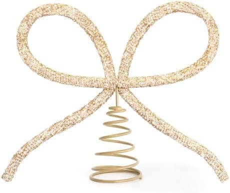 Christmas Decorations - Christmas Decor - Gold Glass Rhinestone Bow Tree Topper - Xmas Holiday Tree Top Decoration for Indoor Outdoor Home Room Party