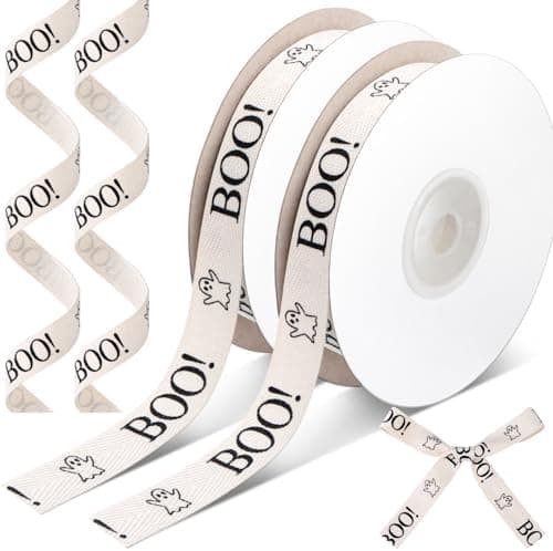 Wavwavw 20 Yards Summer Halloween Ghost Boo Ribbon, Natural 5/8 Inch 100% Cotton Herringbone Twill Fabric Ribbon Halloween Decorations for Boo Basket Crafts Gift Wrapping, 2 Rolls