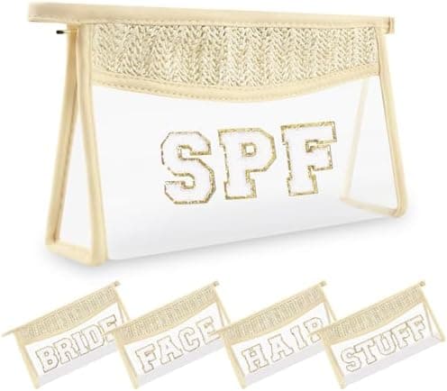 Small Boho Straw Clear Spf Makeup Bags for Women&Girls, Zipper Cosmetic Bag Chenille Varsity Letter Patch Bag, Preppy Cute Toiletry Pouch, Trendy Organizer Storage Bag for Beach Travel Essentials