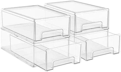 Sorbus Medium Clear Storage Drawers (4 Pack) – Stackable Organizer Drawers for Pantry, Kitchen, and Fridge – Pull-Out Acrylic Storage Bins with Handles