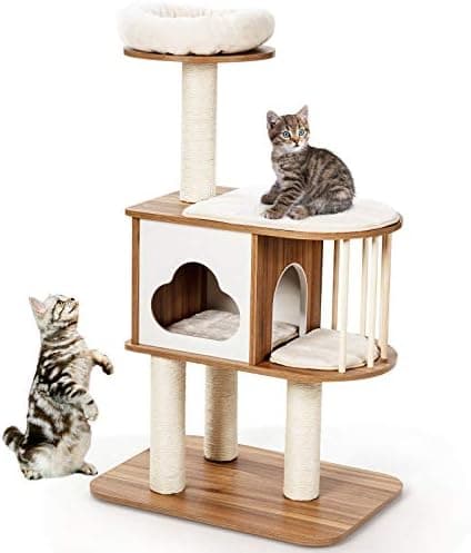 Tangkula Modern Wood Cat Tree, 46 Inches Cat Tower with Platform, Cat Activity Center with Scratching Posts and Washable Cushions, Wooden Cat Condo Furniture for Kittens and Cats (Natural)