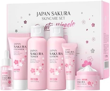 LAIKOU Skin Care Set JAPAN SAKURA Women Beauty Gift Sets Skin Care Kit with Cleanser, Toner, Lotion, Serum, Eye Cream, Face Cream Travel Kit for Women Teen Girls Mom Daughter TSA-friendly Sizes 6pcs