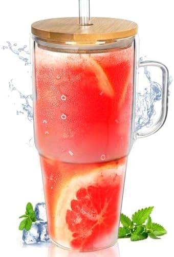 ANOTION Glass Cups with Lids and Straws - 40 Oz Tumbler with Handle and Straw Glass Water Bottles Drinking Glasses with Straws Iced Coffee Cups Travel Coffee Mug Smoothie Tumbler