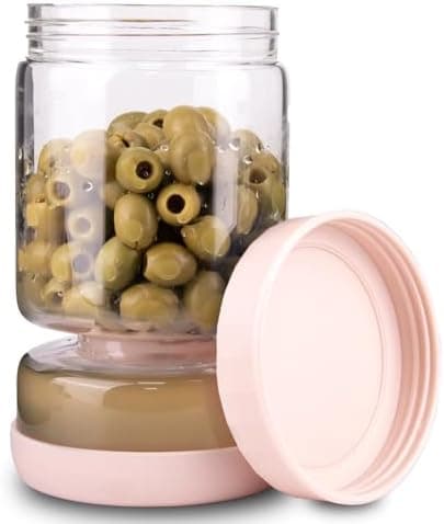 Homnoble Pickle and Olive Hourglass Jar with Strainer Flip for Juice Separator from Wet and Dry, Upgrade Food-grade ABS Lid and BPA Free Hourglass Pickle Jar for Airtight Food Storage, Pink