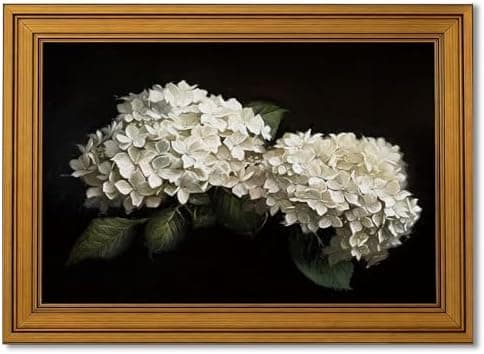 Vintage Gold Framed White Hydrangea Canvas Wall Art, Moody Dark Floral Painting Picture Wall Decor, Still Life Flower Poster Print Artwork for Bathroom Bedroom Living Room Home Decoration, 9x11in