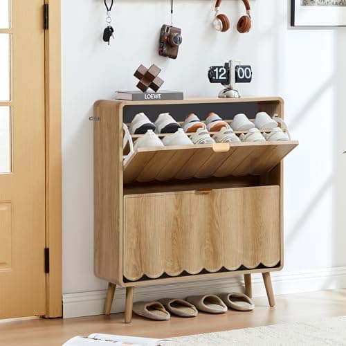 Shoe Storage Cabinet for Entryway with 2 Flip Drawers, Freestanding Narrow Wood Shoe Cabinet with Wave Panel, Hidden Shoe Organizer for Foyer, Hallway (Natural)