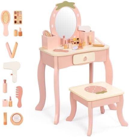 OOOK Toddler Vanity for 3 Year Old, Kids Vanity with Pretend Makeup Accessories, Makeup Table for Kids with Drawer, Pink