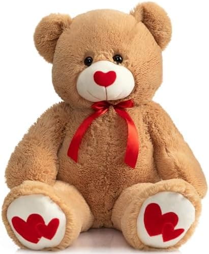HollyHOME Big Teddy Bear Stuffed Animal Valentines Large Bear Plush with Red Heart for Girlfriend and Kids Valentines 36 inch Tan