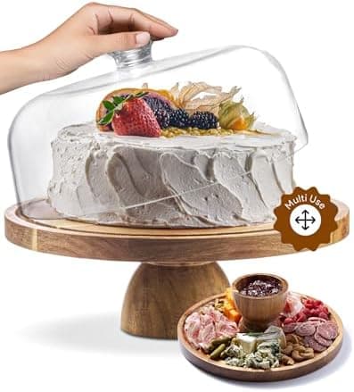 Acacia Wood Cake Stand with Lid - Cake Stand with Dome,12in Round Cake Holder, 2-in-1 Dessert Table Display Set & Charcuterie Board for Cheese, Chips & Dips, Fruit Platter, Large Acrylic Cake Dome Cover