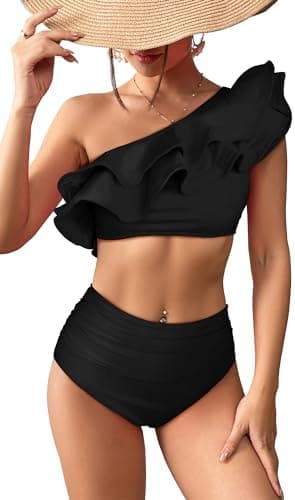 SPORLIKE Women High Waisted Swimsuit Flounce One Shoulder Bikini Padded Bathing Suit