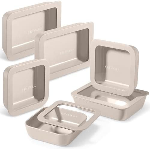 BRIVARA HOME Ceramic Coated Glass Food Storage Container | No PTFE, PFOA, PFAS, and BPA | Reusable Non Toxic Meal Prep Container with Glass Lid | Easy To Store | 6 Piece Food Prep [Crema]