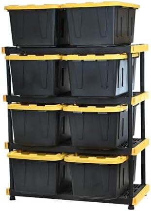 CX Black & Yellow 4-Tier Heavy Duty Storage Shelves and 8 Heavy Duty Storage Bins with Lids, 4 Shelves that Support up to 200lbs/shelf + 27 Gallon Containers (8-Pack), Organization and Storage