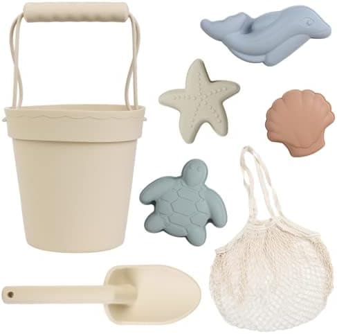 BLUE GINKGO Silicone Beach Toys - Modern Baby Beach Toys | Travel Friendly Beach Set | Silicone Bucket, Shovel, 4 Sand Molds, Beach Bag | Silicone Sand Toys for Toddlers, Kids - Beige