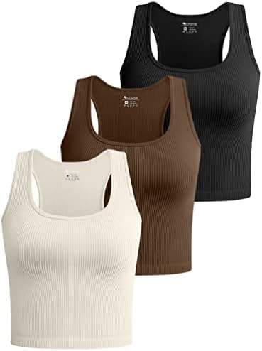 OQQ Women's 3 Piece Crop Tank Shirt Ribbed Seamless Workout Sleeveless Racerback, Black Coffee Beige, Medium