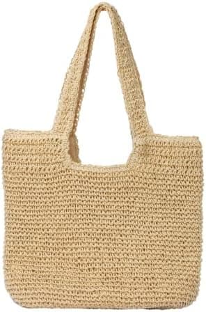 GOLDTIMO Beach Bags for Women - Summer Soft Large Woven Shoulder Purse Handbag, Beach Tote Straw Bag for Summer Vacation