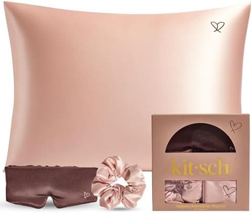 Kitsch Night time Renewal 3PC Sleep Set - Satin Pillowcase with Zipper for Hair & Skin - Softer Than Silk, Queen/Standard Size with Satin Pillow Scrunchie No-Damage Hair Tie and Satin Pillow Eye Mask