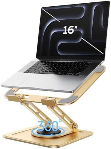 LOXP Adjustable Laptop Stand, Computer Stand with 360 Rotating Base, Ergonomic Laptop Riser Mount for Desk Foldable Protable Computer Desk Fits with MacBook Pro Air (10-16") - Gold