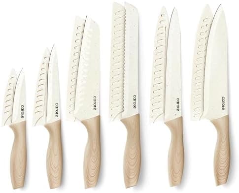 CAROTE 12PCS Knife set with Blade Guards,Granite Nonstick Ceramic Coating,Stainless Steel blade, Anti-Slip Handle, Essential Knives, Rustproof, White