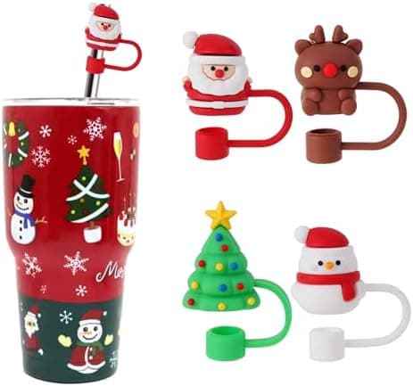 Avky 4 Pcs Christmas Straw Cover Cap for Stanley Cup, 10mm 0.4in Stanley Accessories Xmas Toppers Cap with 30&40 Oz Tumbler with Handle Dust-Proof Reusable Tips Lids for Christmas Gifts