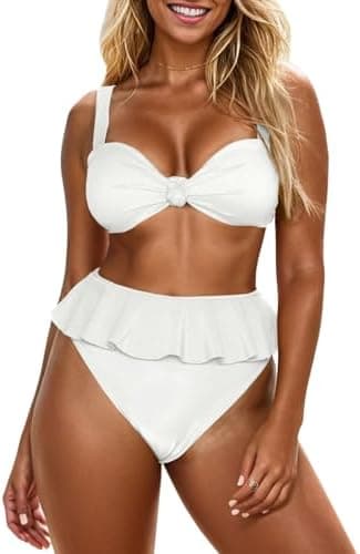 Saodimallsu Womens 2 Piece High Waisted Swimsuit Ruffle Bikini Sets Twist Knot Ribbed Bathing Suits