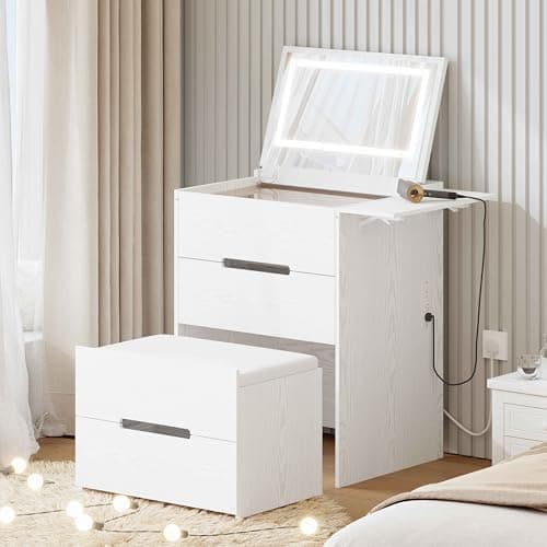 LIKIMIO Vanity Desk with Mirror and Lights, Flip Top Lighted Mirror Makeup Table w/ 3 Drawers& Storage Chair, Glass Top, 3 in 1 Small Corner Dressing Set w/Charging Station for Bedroom, Wood White