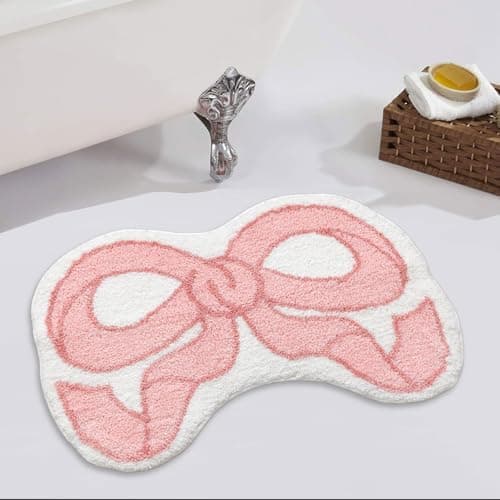 Urtlmaji Coquette Bow Rug Pink Bath Mat Bathroom Rugs, Non Slip Cute Bath Rugs Microfiber Plush Bow Decor, Small Preppy Room Decor Washable Absorbent Girl’s Bedside Rug for Bathtub Sink 26"x18"
