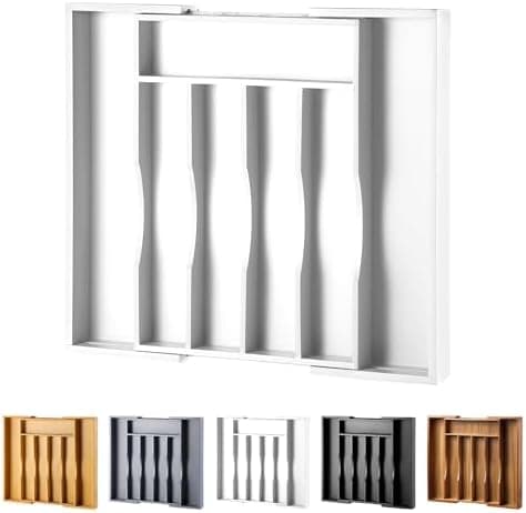 oridom Expandable Bamboo Kitchen Drawer Organizer for Cutlery and Utensils, Adjustable Bamboo Wood Cutlery Tray in Drawer for Flatware and Silverware in Kitchen, (White)