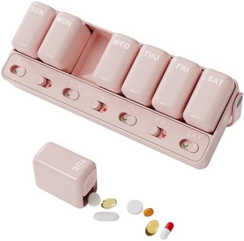 Restree Weekly Pill Organizer 7 Day, Large Capacity Pill Box with Reminder Indicator, Easy Slide Open Detachable Travel Pill Case for Vitamins Supplements & Daily Medications (Pink)
