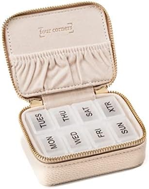 Weekly Pill Organizer 7 Day – Travel Pill Case for Vitamins & Medication, Premium Vegan Leather Pill Box with Removable Daily Compartments, Portable Supplement Organizer with Secure Zipper (Cream)