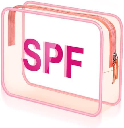 Shinylin Spf Clear Makeup Bag 9.5" x 7" x 3.5" Pink Beach Pouch Large Waterproof Travel Toiletry Cosmetic Bag PVC Transparent Zippered Organizer for Women Girl Summer