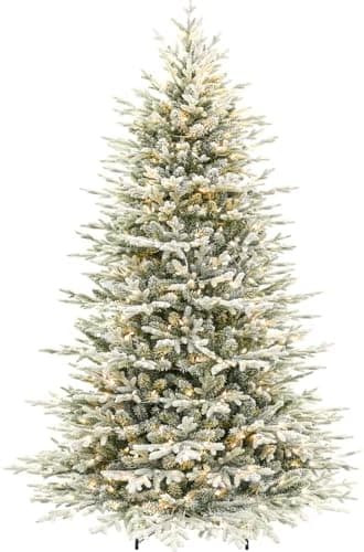 Hykolity 7.5 ft Prelit Snow Flocked Christmas Tree, 2933 PE&PVC Realistic Branch Tips, Artificial Twinkling Christmas Tree with 450 Warm White LED Lights, Metal Stand and Hinged Branches