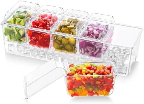 Lifewit Ice Chilled Condiment Caddy with 5x20 oz Containers, Condiment Server with Separate Lid, Serving Tray Platter with Removable Dishes for Bar Fruit Salad Taco Party Garnish, 39 x13cm/15x5