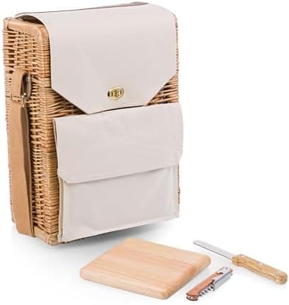 Picnic Time Corsica Wine and Cheese Picnic Basket Tote, Luxury 2 Bottle Insulated Picnic Set with Cutting Board, Cheese Knife & Corkscrew, Romantic Picnic Kit for Couples, Wedding & Anniversary Gift