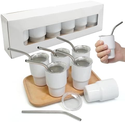 S-SNAIL-OO Mini Tumbler Shot Glass with Straw, Sublimation Double layer metal Cute Shot Glasses Set 3oz with Lids for drinks, coffee, cocktails. (6PC S-White)