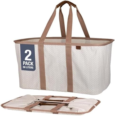 CleverMade Collapsible Laundry Tote 2-Pack (50L) – Foldable Carry-All Storage Bin for Laundry, Car Trunk, RV, Dorm & Home Organization – LUXE Cotton Blend with Vegan Leather Accents, Cream