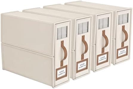 BigPonPon 4 Pack Foldable Bed Sheets Set Organizers and Storage(King & Queen Size),Linen Fabric Closet Organizers with Window,Folding Bedding Storage Box for Bedsheets and Pillow Cube Organizer-Beige