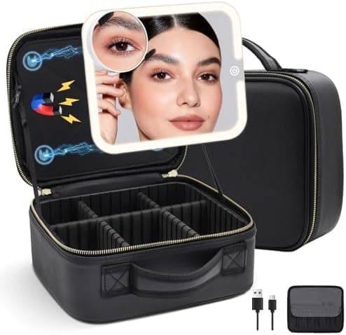 Travel Makeup Bag Cosmetic Organizer Bag with Magnetic Detachable Mirror, Makeup Bag with LED Mirror 360° Angle, PU Leather Make up Bag Organizer Portable Lighted Makeup Case with Adjustable Dividers