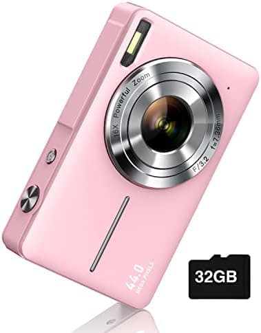 Digital Camera, FHD 1080P Digital Point and Shoot Camera with 16X Zoom Anti Shake, 32GB Card, Compact Small Camera for Boys Girls Kids, Pink