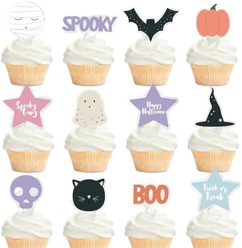 Cheerland Halloween Cupcake Toppers Pastel Halloween Party Supplies Decoration Cute Pumpkin Ghost Bat Cat and Witch Hat Cake Toppers for Costume Theme Birthday Party Pink Summerween Cup cake