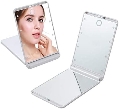 Feruaro Travel Mirror, Portable LED Lighted Makeup Mirror with 8 Dimmable Led Lights, Touch Switch Travel Makeup Mirror, Folding Compact Mirror 1X & 2X Magnification (White)