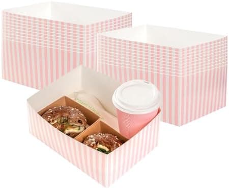 Bio Tek 8.4 x 6.1 x 3.5 Inch Burger Trays, 100 Disposable Paper Food Trays - Sustainable, Sturdy, Pink And White Paper Movie Snack Trays, For Meals, Snacks, And Baked Goods - Restaurantware