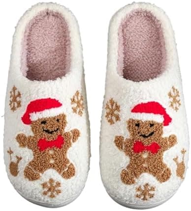 TENDAWYP Christmas Slippers for Women and Men Cartoon Gingerbread Man Soft Slip On House Slippers,Winter Plush, Fluffy, Indoor and Outdoor Shoes