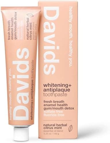 Davids Fluoride Free Toothpaste, Teeth Whitening, Antiplaque, SLS (Sulfate) Free, Promotes Enamel Health, Mouth & Gum Detox, EWG Verified, Natural Herbal Citrus Mint, 5.25oz