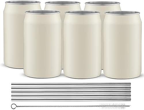 JoyJolt Metal Beer Can Tumbler with Straws and Brush. Unbreakable Metal Drinking Cup Set of 6 Metal Tumblers. Stainless Steel Tumbler Can Shaped Glass Cups, Soda Can Glasses for Water, Wine etc