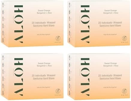 ALŌH Skin - Softening Sanitizing Hand Wipes – Sweet Orange Bergamot - 4 Boxes of 20 Individually Wrapped Wipes (80 wipes)