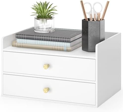 Xadgve Bamboo Desk Organizer - Stackable, No Assembly Required, Ideal for Office/Home Use - Perfect for Toiletries, Stationery, Accessories. (White, Two level drawer box with sides)