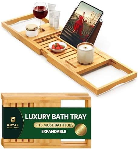 ROYAL CRAFT WOOD Premium Foldable Bathtub Tray Caddy - Wood Bath Tray for Tub, Bamboo Shelf, Expandable Bath Table Trays, Bathtub & Bathroom Accessories for New Home & Mothers, Birthday Gifts for Mom