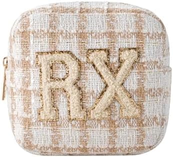 uekeboag Personalized Small Checkered Medicine Cosmetic Bag, Cute Plaid Pattern Chenille Letter Patch RX Drug Pouch with Zipper, Makeup Travel Gift Bag for Women and Girls (07Checkered)