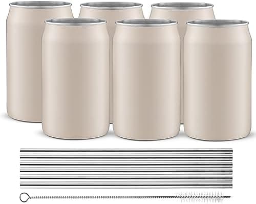 JoyJolt Metal Beer Can Tumbler with Straws and Brush. Unbreakable Metal Drinking cup Set of 6 Metal Tumblers. Stainless Steel Tumbler Can Shaped Glass Cups, Soda Can Glasses for Water, Wine etc
