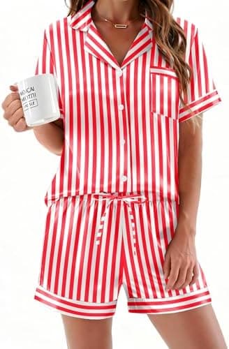 Ekouaer Womens Silk Satin Pajamas Sets 2 Piece Short Sleeve Sleepwear Button Down Top and Shorts Pjs Lounge Wear Sets